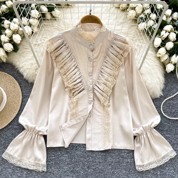 LW0518 Light Wind Shirt Women'S Wooden Ear Edge Splicing Stand Collar Trumpet Sleeve Slimming Satin Blouse