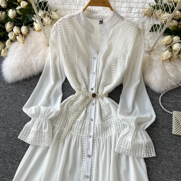 LE2553 White Embroidery Long Dresses Women Lace Spliced Evening Gown Holiday Pearl Belt Maxi Casual Dress Socialite Party Robes