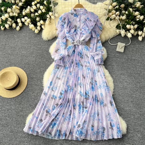 LE2440 Women'S Boutique Clothing Haute Couture Printed Chiffon Dress Flounce Edge Patchwork Pleated Dresses Lady Holiday Robe