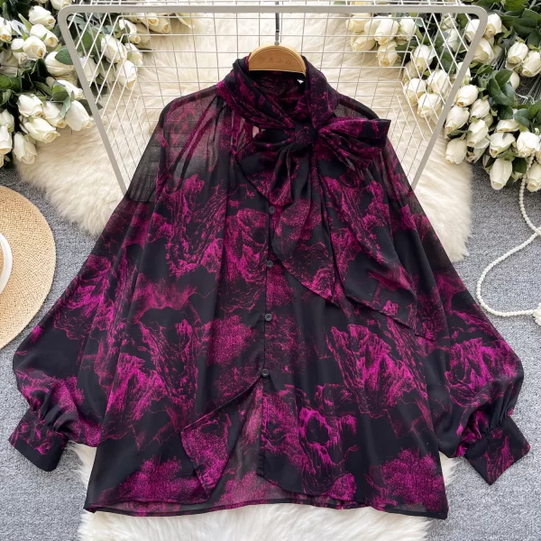 LW0596 Women'S Breezy Print Chiffon Blouse Women'S Design With Bow Bow Lace-Up Top Blouses Elegant Women Ladies