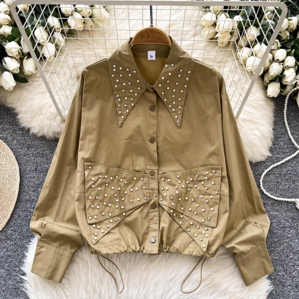 LW0593 Design Sense Studded Beaded Diamond Drawstring Waist Long Sleeve Shirt Women'S 2025 Spring Tops for Women Formal