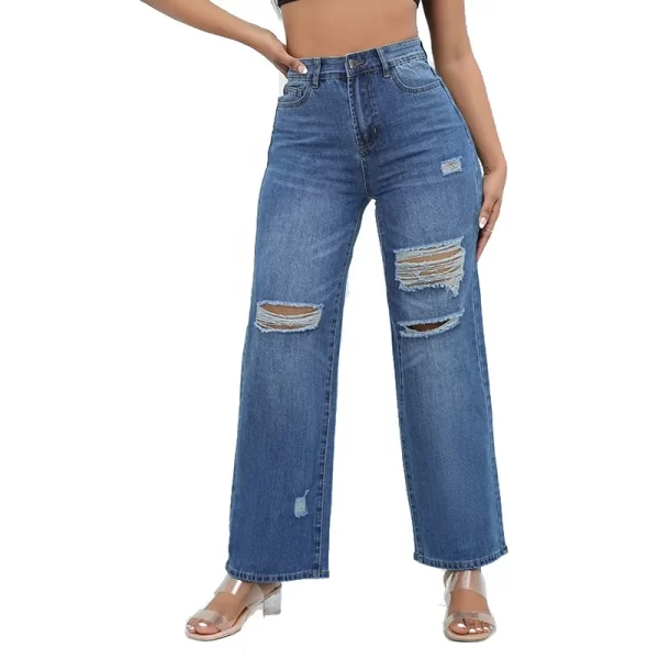 2025 Foreign Trade Black Classic Hole Washed Straight Jeans Pants