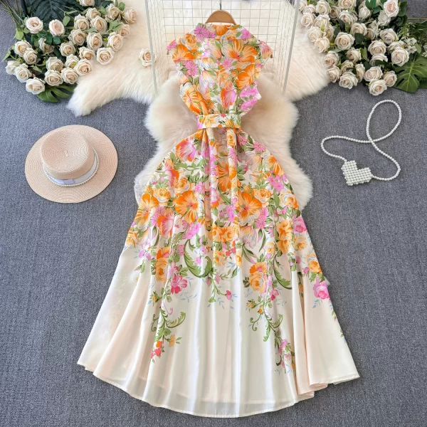 LE2558 2025 Women'S Boutique Maxi Printed Dresses Ladies Runway Suit Collar Flowers Long Dress Sleeveless Casual Holiday Dress