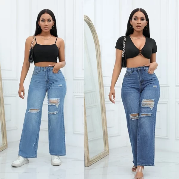 2025 Foreign Trade Black Classic Hole Washed Straight Jeans Pants