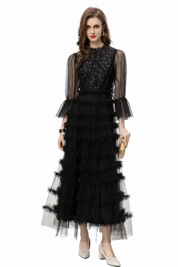 LE2543 High Quality Mesh Dresses Women Luxury Heavy Embroidery Sequin Maxi Lace Dresses Ocialite Holiday Long Evening Dress