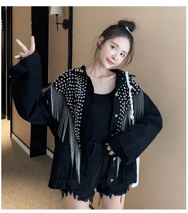 Tassel Heavy Diamond Rivets Long-sleeved Korean Version of Loose Thin Fashion Beaded Denim Jacket