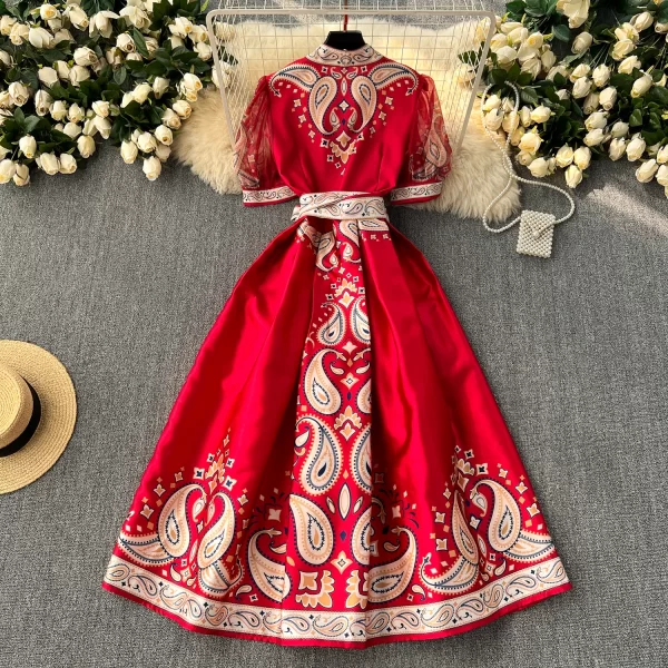 LE2464 Ethnic Style Print Dresses Socialite Dinner Party One-Piece Wrap Maxi Dress Women Elegant Gauze Belted Evening Gown