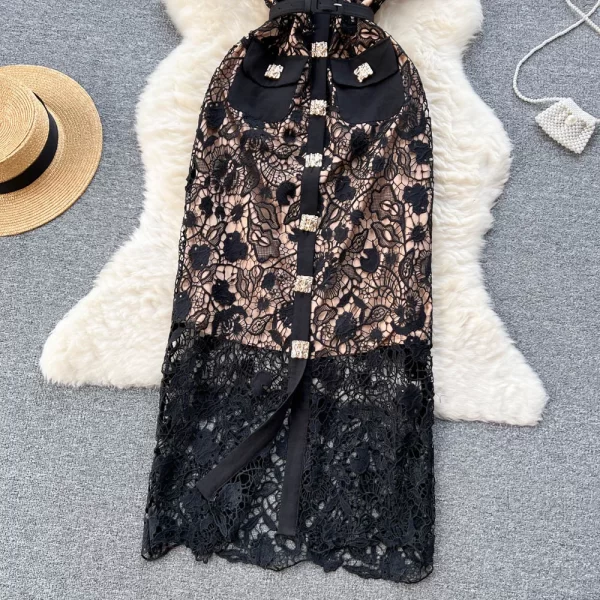 LE2459 Runway Lace Dress Female Delicate Hollow Out Women Boutique Casual Dress Metal Button Pocket Socialite Holiday Maxi Dress