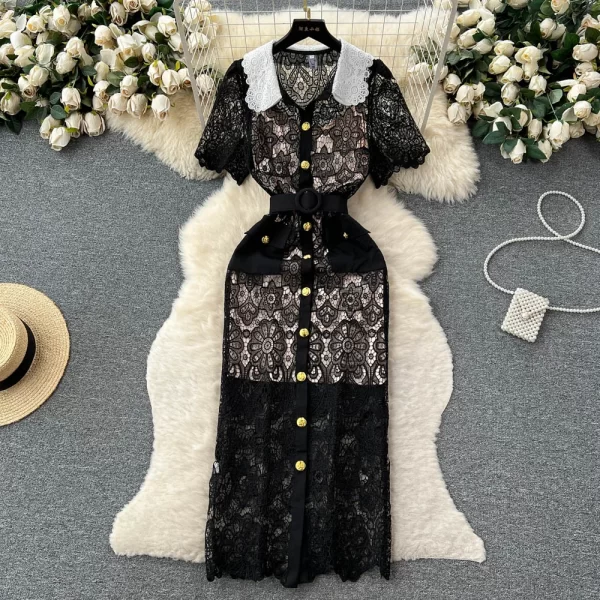 LE2461 Socialite Party Lace Dresses Women'S Elegant Hollow Hook Flower Embroidery Midi Casual Dress Women Boutique Evening Gown