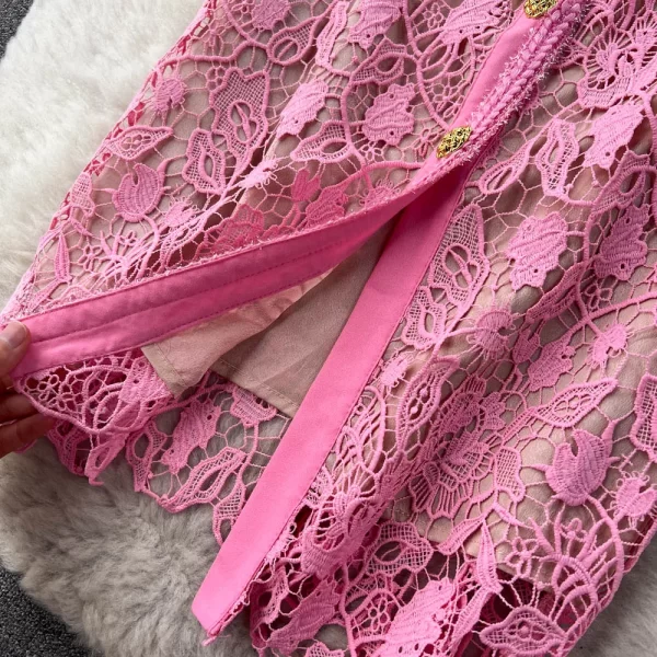 LE2466 Ladies Holiday Party Lace Dresses Women Luxury Embroidered Hollow Dinner Midi Dress Hollow Out Belted Casual Dresses