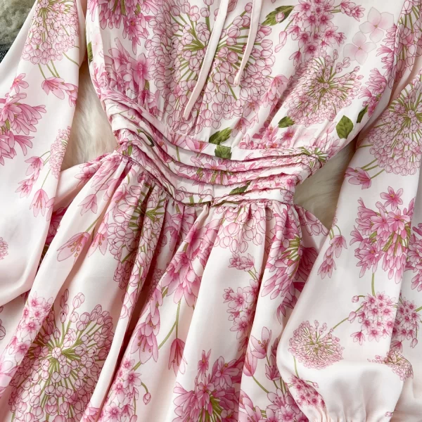 LE2567 Gentle  Floral Casual Women'S Dresses Autumn Female Bow Tie O-Neck Pleated Waist  Holiday Women'S Boutique Printed Dress