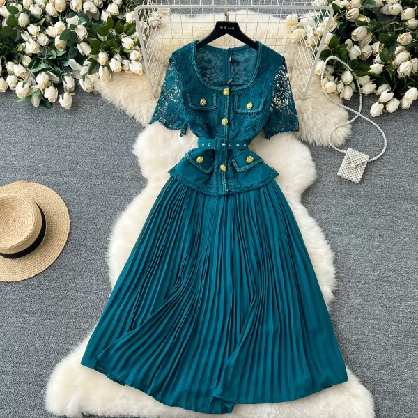 LE2458 Women Embroidery Pleated Long Dress Socialite Holiday Party Hollow Hook Flower Casual Dress Boutique Lace Midi Dresses