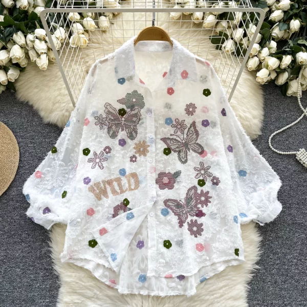 LW0368 2025 New Butterfly Sequin Embroidered Puffed Sleeve Shirt Women'S Mesh Temperament Top Blouses for Lady