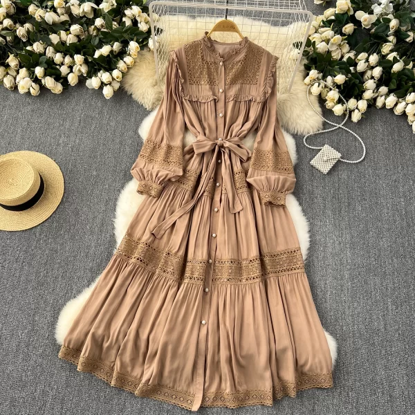 LE2552 Solid Hollow Out Embroidery Maxi Dresses Women Lady Elegant Runway Lace Stitching Evening Gown Holiday Long Casual Dress