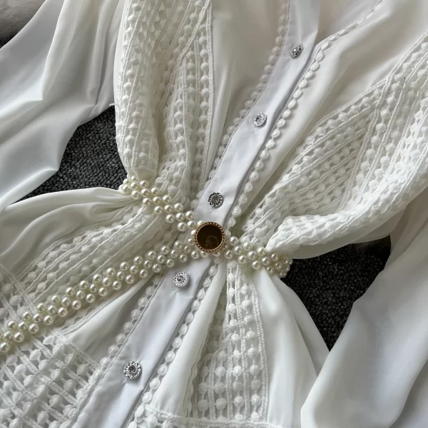 LE2553 White Embroidery Long Dresses Women Lace Spliced Evening Gown Holiday Pearl Belt Maxi Casual Dress Socialite Party Robes