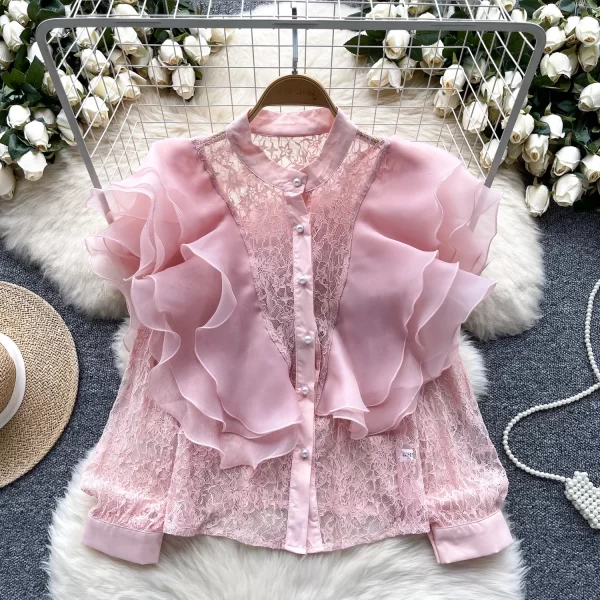 LW0510 Small Crowd Ruffled Edge Stitching Round Neck Pearl Single Breasted Lace Cardigan Blouse Elegant Women Ladies