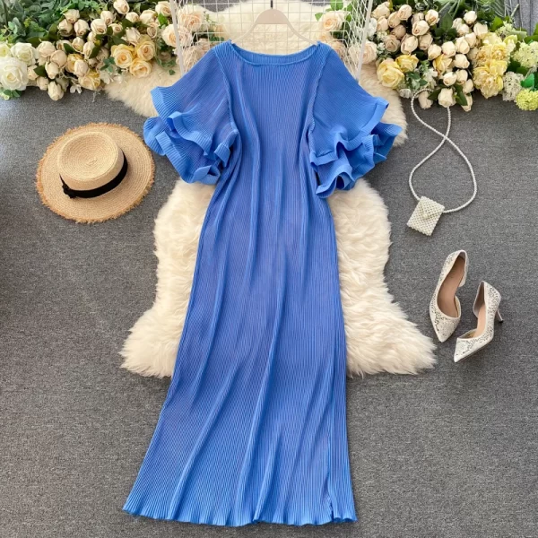 LE2470 Pleated Dresses Three-Dimensional Double Ruffled Sleeve Loose Midi Fold Dress Female Dress