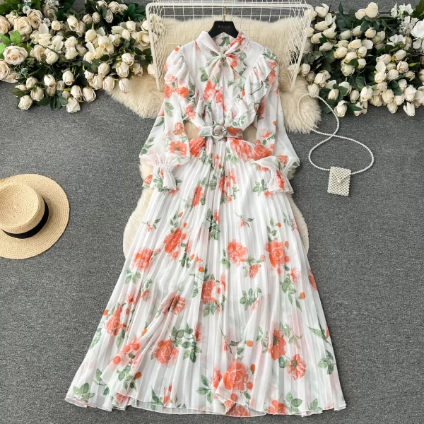 LE2562 2025 Autumn Floral Printed Dresses Luxury Women'S Elegant Chiffon Maxi Pleated Dress Holiday Women'S Boutique Clothing