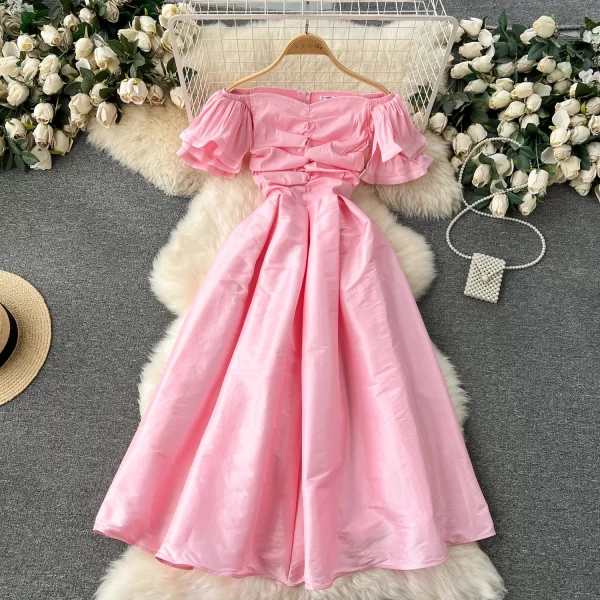 LE2454 Runway Pleated Off-The-Shoulder Dinner Dress Lady Red Minority Toasting Midi Dress Socialite Party Large Hem Banquet Robe