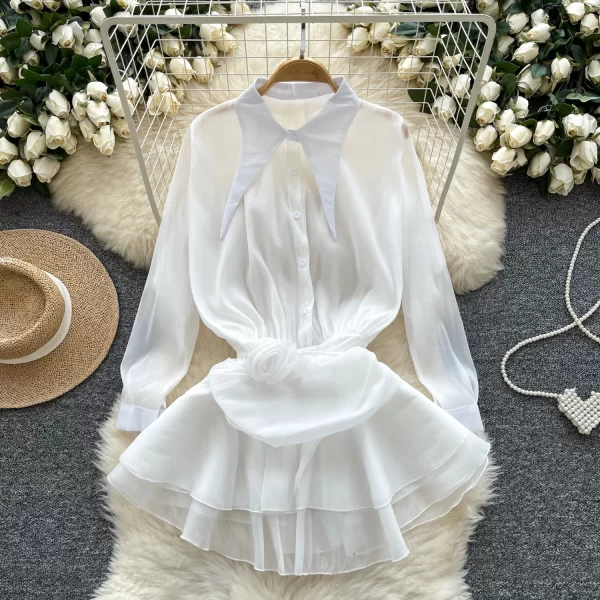 LW0366 Niche Pleated Lotus Swing Patchwork Receiving Waist Lapel Long Sleeve Chiffon Shirt Lady Blouses Elegant Women Ladies