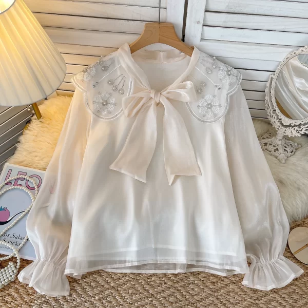 LW0352 French Gentle Atmosphere Lotus Sleeve Shirt Mesh Bow Embroidery Diamond Design Blouses Elegant Women