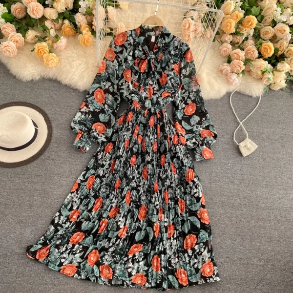 LE2556 Chic Holiday Pleated Midi Womens Dresses Bow V-Neck Bubble Sleeve Floral Print Dress Elastic Waist Chiffon Casual Dress