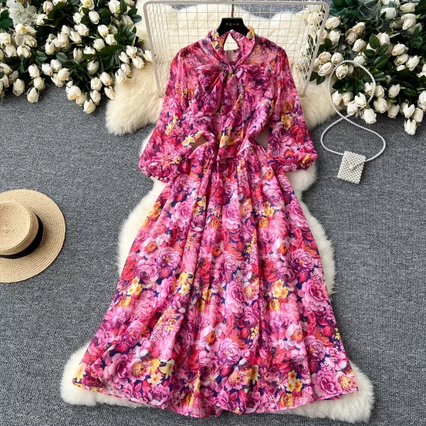 LE2441 2025 Women'S Boutique Chiffon Dresses Elegant Floral Printed Dress Office Ladies Holiday Socialite Party Flowing Robe