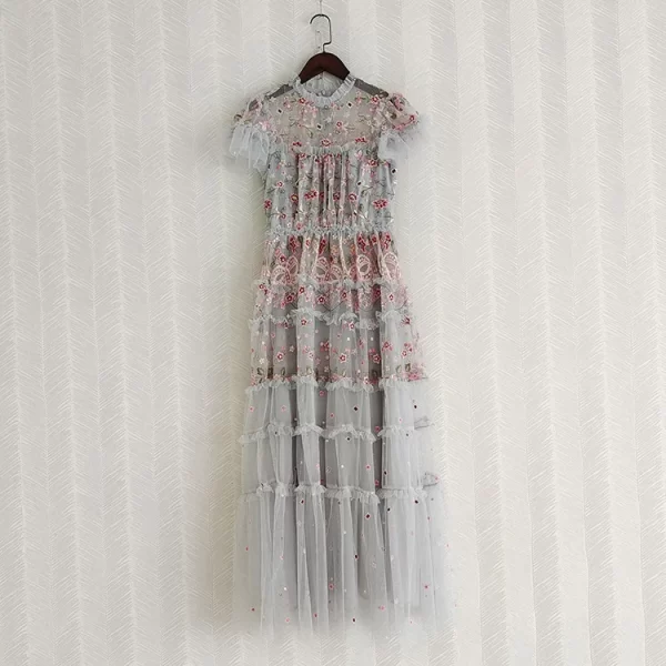 LE2545 High Quality Maxi Gauze Dresses Woman Elegant Socialite Holiday Embroidery Lace Dress Embroidered Floral Evening Gown