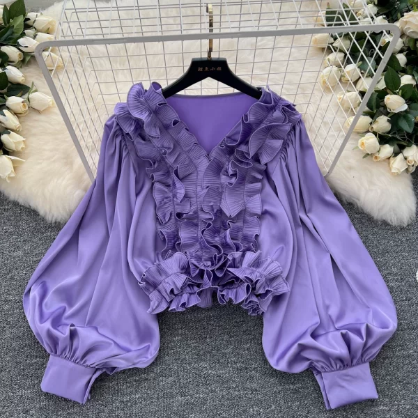 LW0358 Senior Sense Lantern Sleeve Shirt Women Autumn Wooden Ear Edge Loose Light Luxury Temperament Blouse Tops for Women