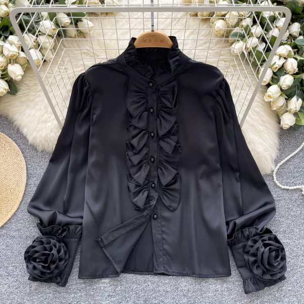 LW0520 Vintage Senior Sense Standing Collar Shirt Women Wooden Ear Edge Three-Dimensional Flower Design Shirts for Women