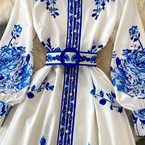 LE2526 Retro Blue and White Porcelain Printed Dresses Stand Collar Single Breasted Dress Elegant Temperament Long Robe