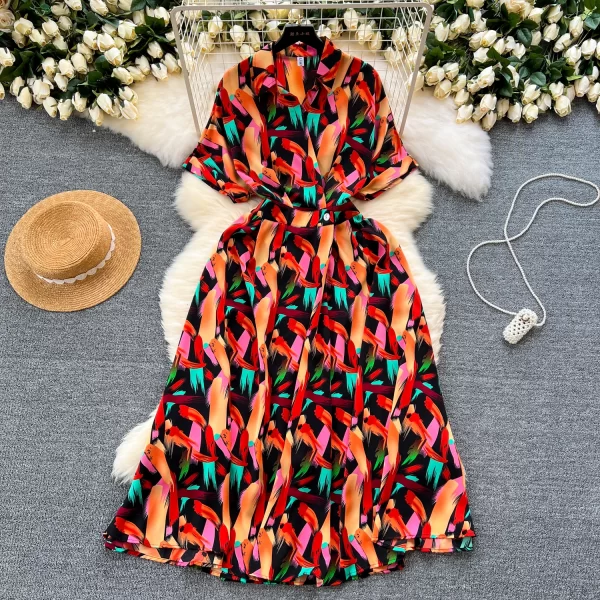 LE2521 Vintage Mature Maxi Woman'S Shirt Dresses Large Swing Dress Irregular Print Female Long Office Lady Belted Long Dress