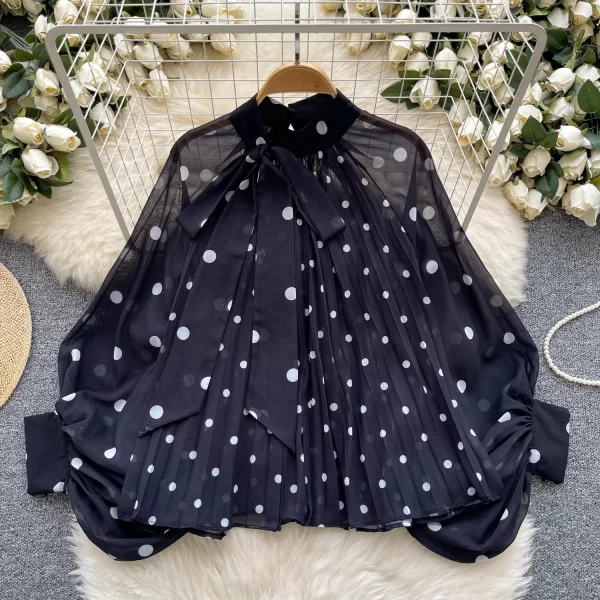 LW0369 2025 Spring Everything Chiffon Shirt Bow Tie With Lantern Sleeve Polka Dot Shirt Woman Shirts for Women Tops