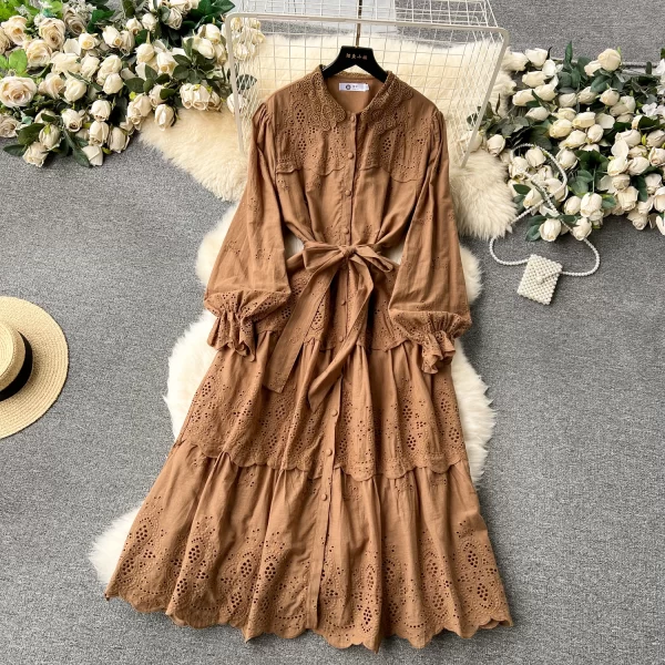 LE2548 Pastoral Style Embroidery Robe Lace-Up Midi Holiday Casual Dresses Woman Ethnic Socialite Party Long Gown