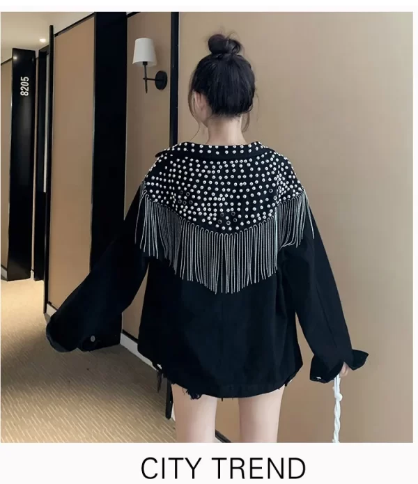 Tassel Heavy Diamond Rivets Long-sleeved Korean Version of Loose Thin Fashion Beaded Denim Jacket